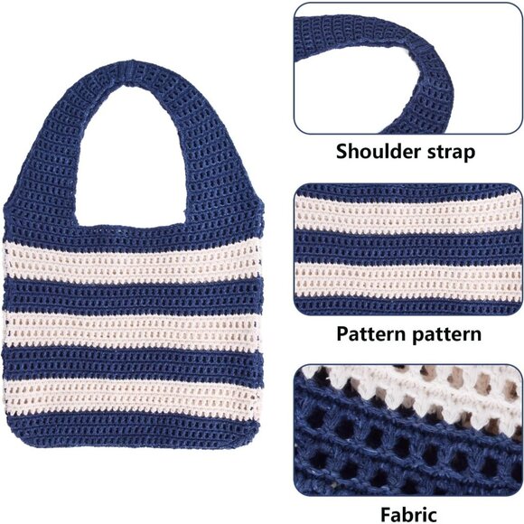 Women's Navy Blue Crochet Bag Cute Mesh Summer Knitted Shoulder Beach Tote Bags - Picture 3 of 7